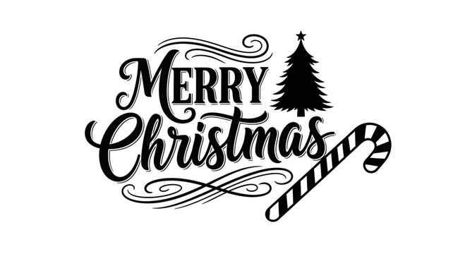 Elegant 'Merry Christmas' greeting in black calligraphic script with a festive tree and candy cane.