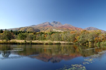 いもり池に映った秋の妙高山　縦位置