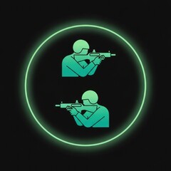 Neon illustration of soldiers aiming rifles inside a green circular frame