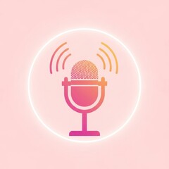 Neon microphone icon on pink background illustrating sound recording and broadcast
