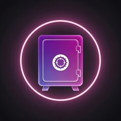 Neon safe illustration against dark background for security and finance