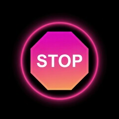 Neon stop sign illuminated against a dark background with glowing ring