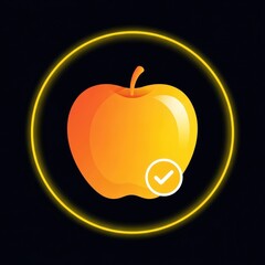 Orange apple icon with checkmark inside a glowing circle on black background