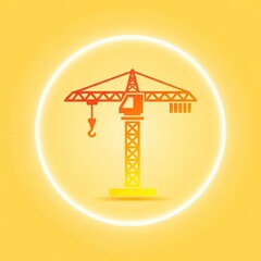 Orange crane silhouette inside a glowing circle on yellow background