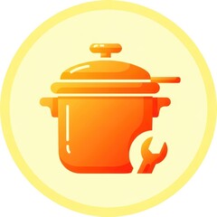 Orange cooking pot with wrench repair icon on yellow background