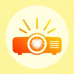Orange projector icon with bright light rays on light yellow background
