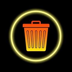 Neon trash can icon environmental symbol on black background