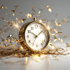 Golden pocket watch surrounded by celebratory confetti and sparkling lights signifies the excitement of a new year approaching midnight.