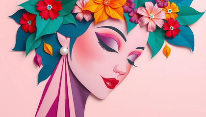 Beautiful woman with vibrant flowers in her hair against a pastel background, showcasing a colorful paper art design Generative AI