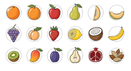 Fresh Produce Icon Set: Fruits and Vegetables in Colorful Flat Style