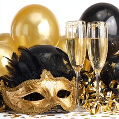 Golden masquerade ball celebration with champagne flutes and festive decorations creates an elegant party atmosphere.