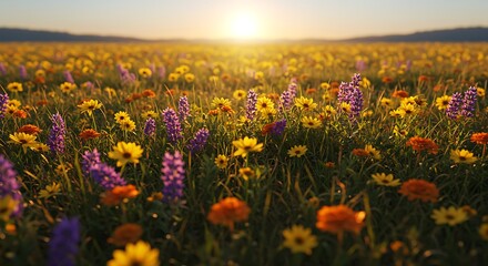 A vibrant field filled with wildflowers bathed in warm sunlight at sunset, creating a tranquil vista