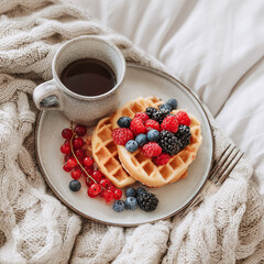 Cozy breakfast in bed with waffles, berries, and coffee creates a relaxing weekend morning atmosphere.
