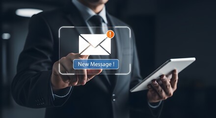 Businessman interacting with a digital tablet, receiving a new email notification with an envelope icon and a "New Message!" button.
