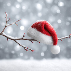 Festive red Santa hat rests gently on snow-covered branch during a peaceful winter snowfall scene.