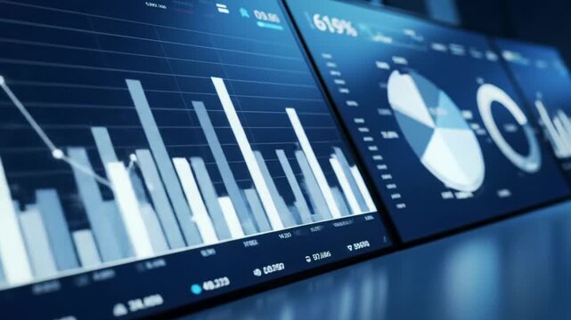Extreme close-up dolly video over a dark blue screen with real-time white/grey financial data, charts, and algorithms in a high-tech control room. Concept of future finance