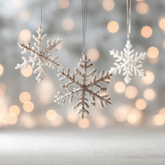 Delicate glitter snowflakes hang suspended against a softly blurred background of warm holiday lights.