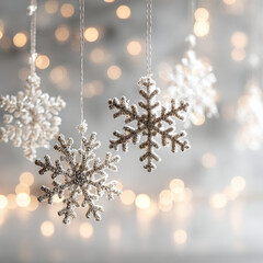 Delicate silver snowflakes gently hang against a soft blurred background of warm holiday lights.