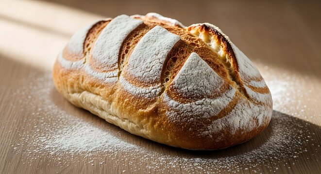 Fresh baked crusty loaf of bread on wooden surface, warm bakery and homemade cooking concept. - Powered by Adobe