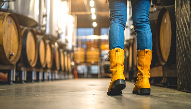 Person in Yellow Boots Walks Through a Barrel Room