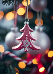 Beautiful pink Christmas tree ornament hangs on a festive tree surrounded by glowing lights and colorful decorations Generative AI