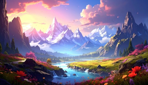 Scenic vista featuring mountains, river, vibrant flowers, and sunset sky
