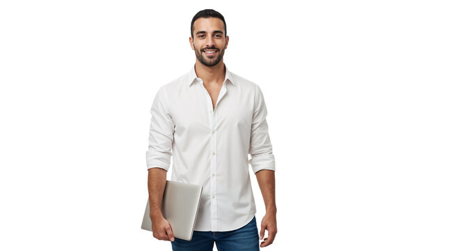 Young man in a white shirt holds a laptop while smiling in a casual indoor setting during daylight