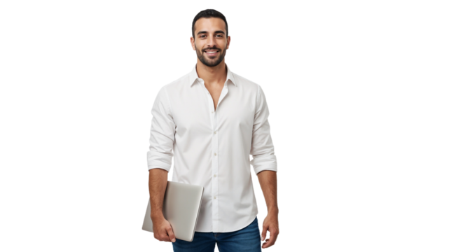 Young man in a white shirt holds a laptop while smiling in a casual indoor setting during daylight