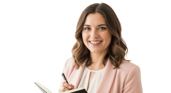 Smiling woman in pink blazer holds notebook and pen while engaging in productive activity in bright setting