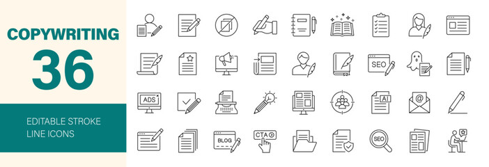 Copywriting icon set. Editable line icons. Vector illustration.