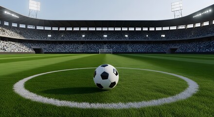 Close up photo of a black and white patterned ball in the middle of a football field during the day with a wide background of a magnificent stadium shining sun and shining stadium lights