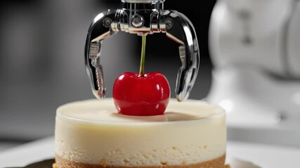 Robotic Arm Placing Cherry on Top of Cheesecake