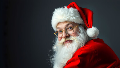 Joyful Santa Claus in festive attire smiling brightly against a dark background during the holiday season Generative AI