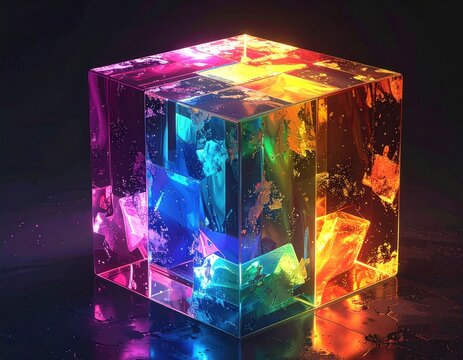 Rendered prism cube with multicolored internal fragments, glowing