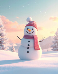 Obraz premium Cheerful snowman with red scarf and hat stands in snowy landscape, surrounded by snow covered trees and mountains under pastel sky