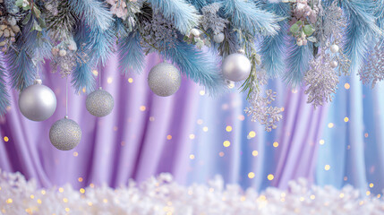 Festive blue and silver Christmas ornaments hanging from snowy branches against a soft purple background with twinkling lights