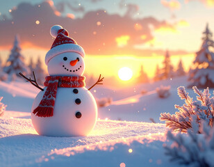 Fototapeta premium Cheerful snowman with red scarf and hat stands in snowy landscape at sunset, surrounded by snow covered trees