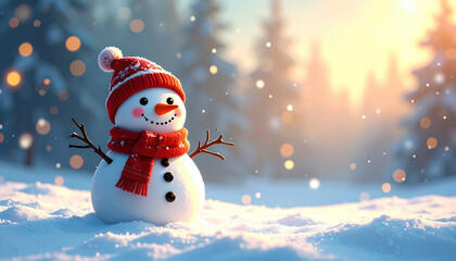 Cheerful snowman with red hat and scarf stands in snowy landscape, surrounded by winter forest at sunset