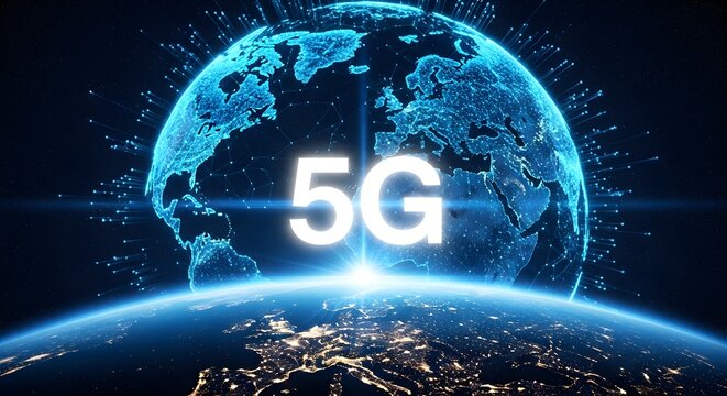 A digital illustration depicting the Earth with glowing blue continents and the text "5G" prominently displayed in white over a light burst. - Powered by Adobe