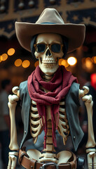 Skeleton cowboy wearing sunglasses and a red scarf stands confidently among colorful lights at a lively festival Generative AI