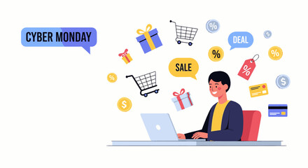 Man enjoying online shopping deals and discounts on his laptop