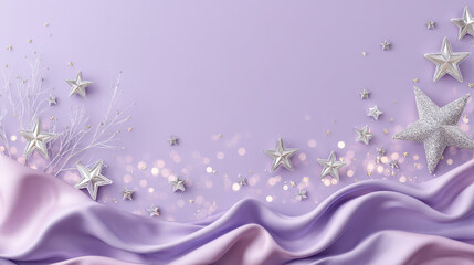 Elegant silver stars on soft lavender fabric with sparkles and delicate branches creating a dreamy, whimsical atmosphere