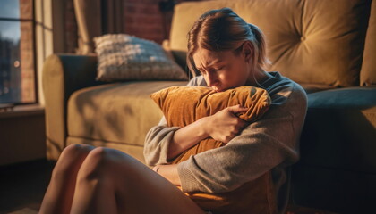 Fototapeta premium Young woman sitting on floor hugging pillow looking distressed indoors