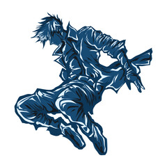 Dynamic blue anime character in a powerful mid-air action pose illustration.