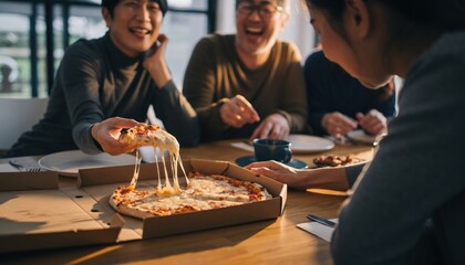 Fototapeta premium Cheesy pizza slice pulled from box by person friends laughing at table