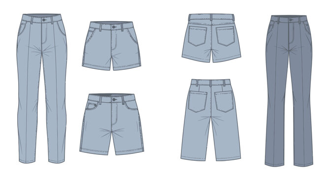 Technical illustration of various denim jean and shorts styles displayed flat