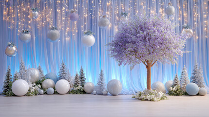 Festive winter scene with lavender tree, sparkling ornaments, and soft blue background, creating a magical holiday atmosphere