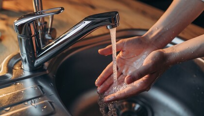 A person washing their hands under a chrome faucet in a kitchen sink Washing hands