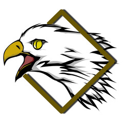 Fierce bald eagle head mascot in a golden diamond frame illustration.