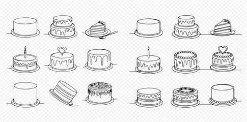 A collection of continuous line art drawings depicting various cakes and cake slices, including plain, frosted, and decorated designs.